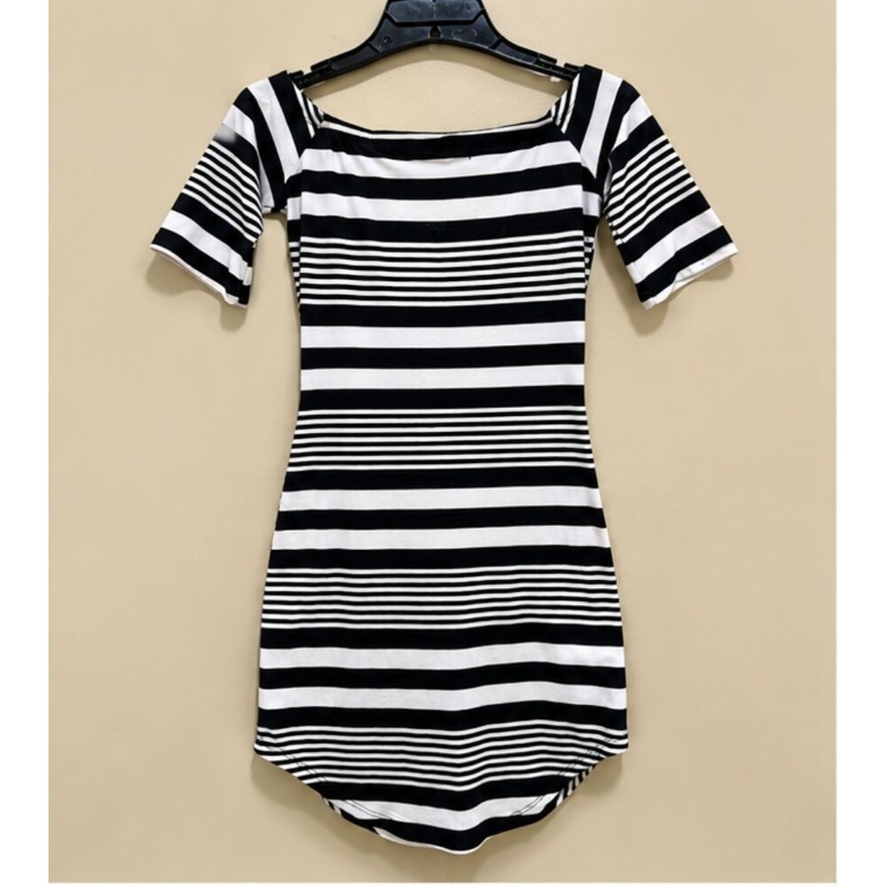 Planet Gold Womens Black White Striped Bodycon Mini Dress Short Sleeve Casual
